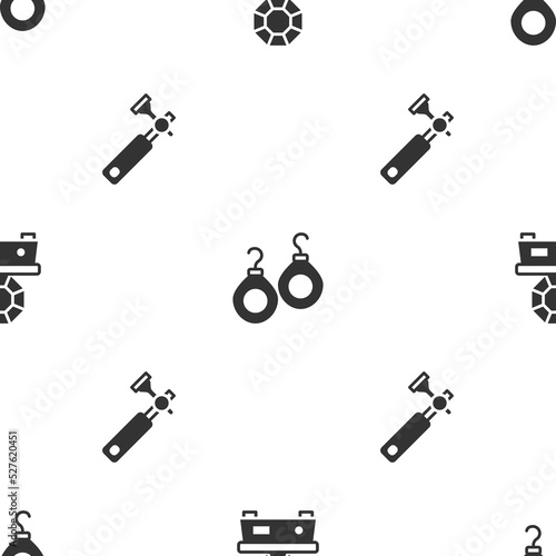 Set Gem stone, Earrings and Jewelers lupe on seamless pattern. Vector