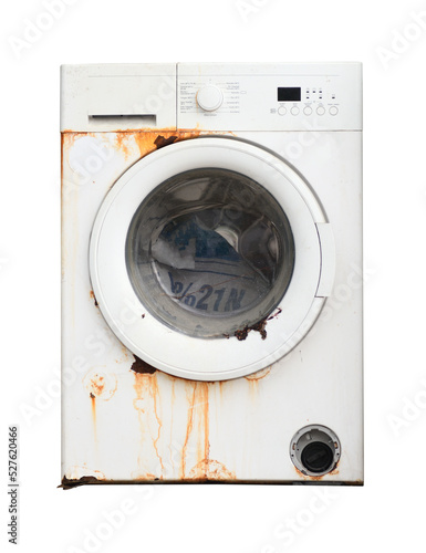 Old rusty broken washing machine isolated on white background.