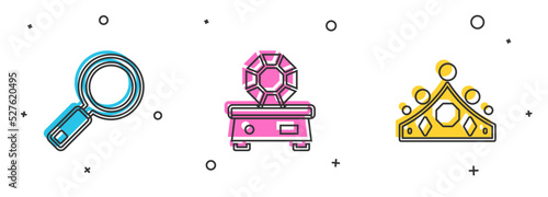 Set Magnifying glass, Gem stone and King crown icon. Vector