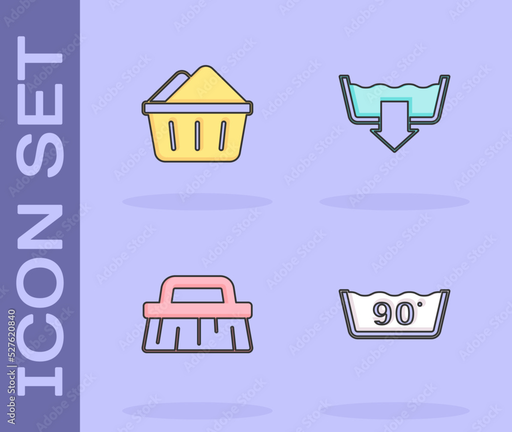 Set Temperature wash, Basin with soap suds, Brush for cleaning and Washing modes icon. Vector Set Temperature wash, Basin with soap suds, Brush for cleaning and Washing modes icon. Vector