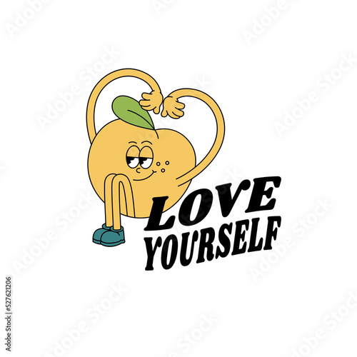 Vector illustration character- peach with happy face ìn retro style and typography quote. Groovy sticker with plant for print.