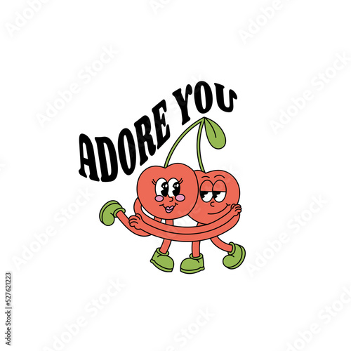 Vector illustration character- lovely cherries ìn retro style and typography quote. Groovy sticker with plant for print.