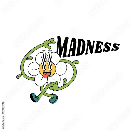 Vector illustration flowers with crazy face ìn retro style. Groovy sticker with plant for print.