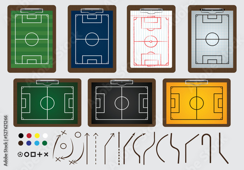 Soccer Football Coach field on magnetic board tactic presentation. Learning sport strategy plan with arrows and players on field diagram, outline vector illustration.