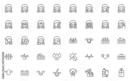 set of skin care line icons, facial, healthcare, beauty