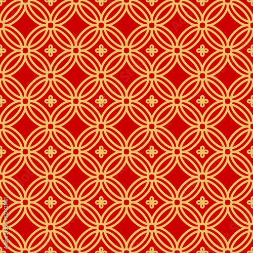 Traditional asian seamless pattern korean, chinese and japanese ornament with golden circles on red textile. Vector oriental wallpaper damask arabesque. Moroccan or islam tile, baroque background