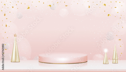 3D display pink podium with gold conical tree and gold elements,Vector Showcase pedestal stand with snowing on pink wall background,Luxury design concept for New Year,Christmas card or Winter sale