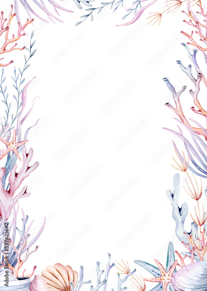 Underwater baby shower templates. Blue watercolor submarine ocean fish, turtle, whale and coral. Shell aquarium background. Nautical snorkeling, diving dolphin marine illustration, jellyfish, starfish Underwater baby shower templates. Blue watercolor submarine ocean fish, turtle, whale and coral. Shell aquarium background. Nautical snorkeling, diving dolphin marine illustration, jellyfish, starfish