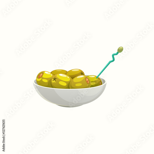 Stuffed pickled green olives with toothpick in white ceramic bowl isolated realistic icon. Vector appetizer snack, spain or greek cuisine food. Full plate of olives with salmon or shrimp, gourmet dish