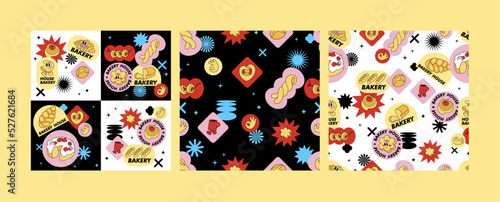 Vector set in retro style bakery shop stickers. Colorful patch badges for bakery cafe. Seamless pattern.