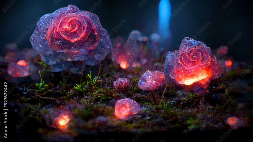 custom made wallpaper toronto digitalLuminous roses in the forest. Fabulous fairytale outdoor garden and moonlight background. 3D rendering image.