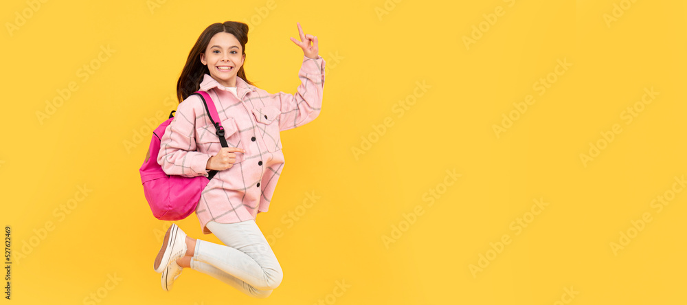 happy child girl wear pink checkered shirt jumping school backpack, full of energy. Banner of school girl student. Schoolgirl pupil portrait with copy space. happy child girl wear pink checkered shirt jumping school backpack, full of energy. Banner of school girl student. Schoolgirl pupil portrait with copy space.