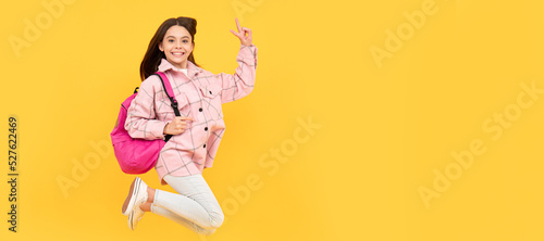 happy child girl wear pink checkered shirt jumping school backpack, full of energy. Banner of school girl student. Schoolgirl pupil portrait with copy space.