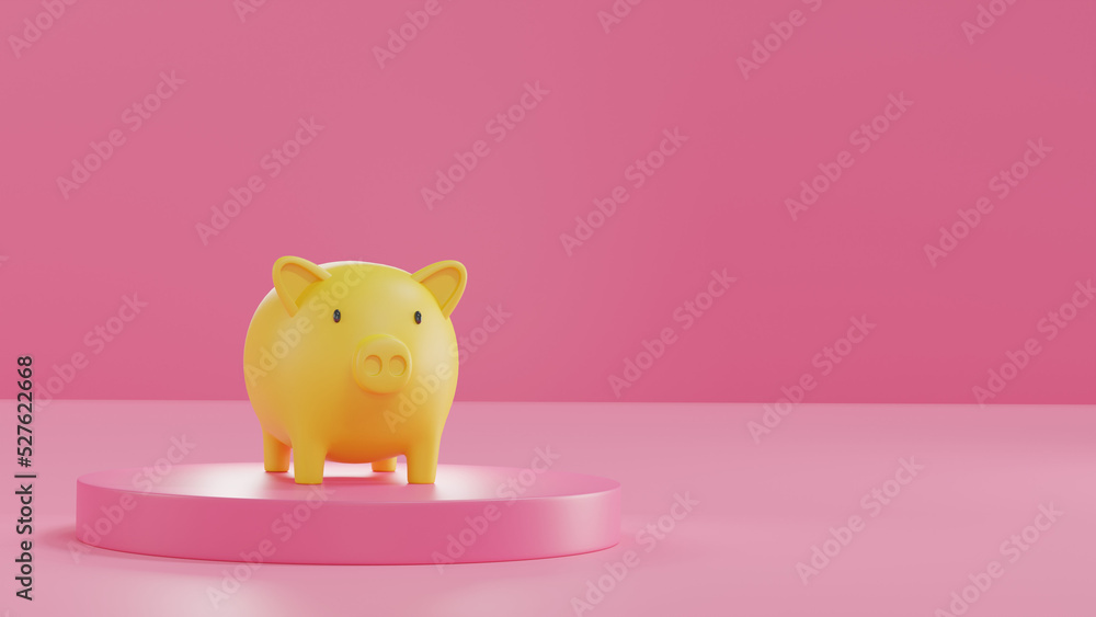 Yellow Piggy Bank on Pink podium on Pink background. 3D rendering. savings money concept. Yellow Piggy Bank and saving idea. Pink background. Yellow Piggy Bank on Pink podium on Pink background. 3D rendering. savings money concept. Yellow Piggy Bank and saving idea. Pink background.