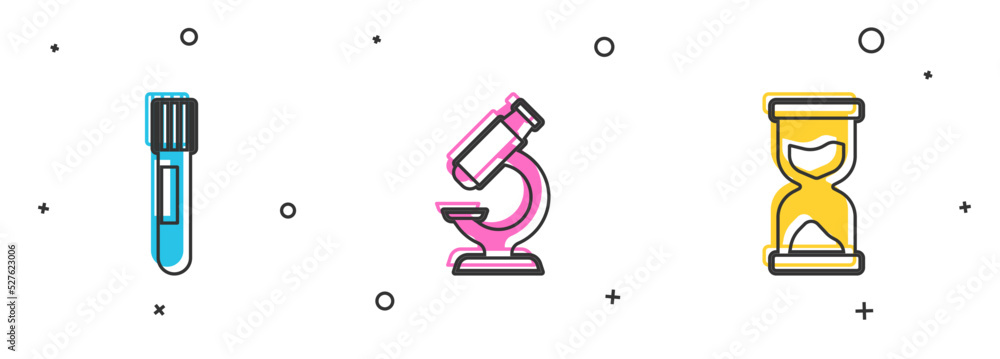 Set Test tube, Microscope and Old hourglass icon. Vector Set Test tube, Microscope and Old hourglass icon. Vector