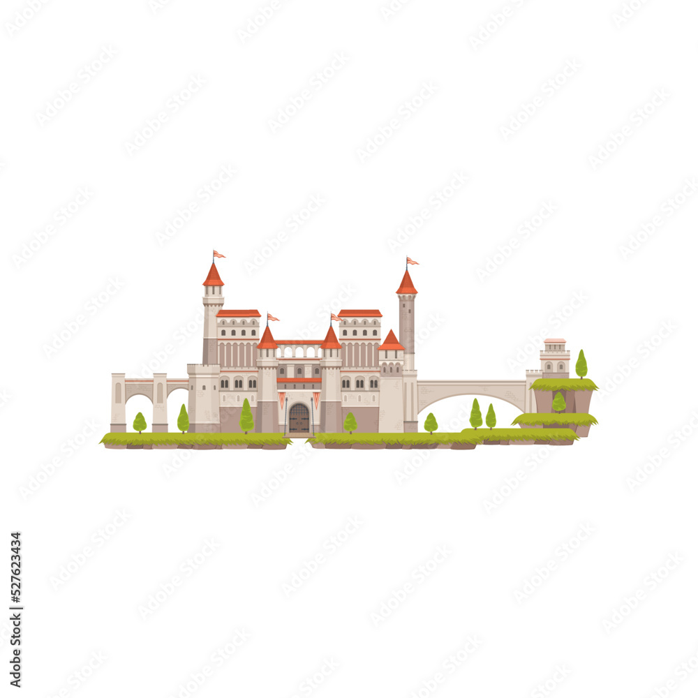 Fairy cartoon palace isolated medieval fairytale castle. Vector magic citadel landscape scenery, king and queen home. Cartoon medieval building, royal kingdom tower with entrance gate, fort of stone