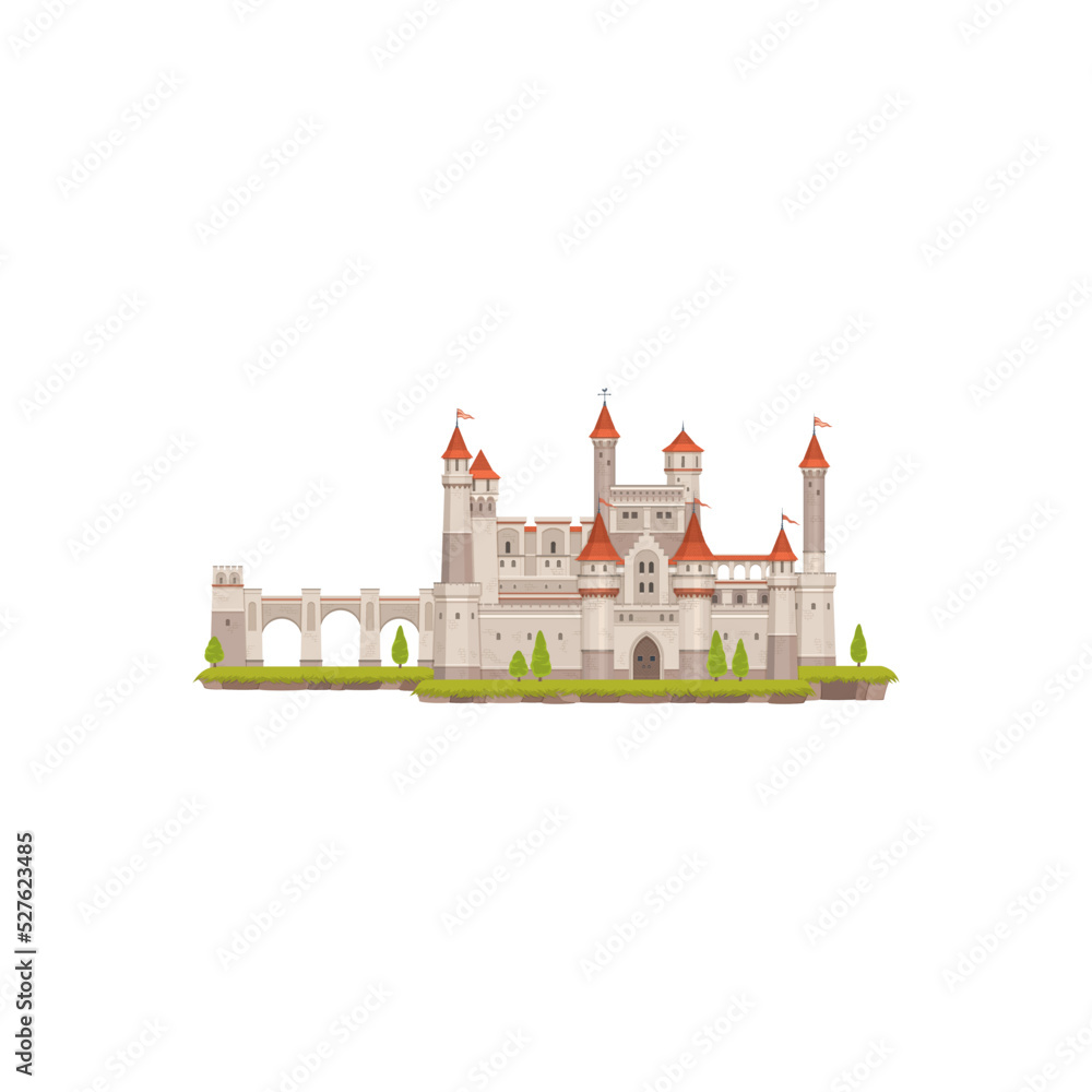 Royal fortress of prince princess, medieval castle isolated cartoon building landscape. Vector medieval palace with towers, gates and flag. Royal fortress of prince princess, fantasy fort with bridge