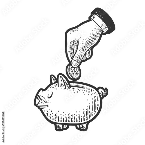 hand throwing bitcoin coin into piggy bank sketch engraving vector illustration. Scratch board imitation. Black and white hand drawn image.