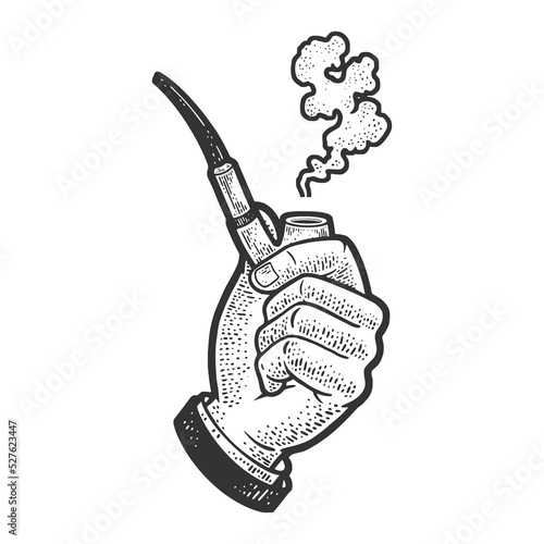 hand with smoking pipe sketch engraving vector illustration. Scratch board imitation. Black and white hand drawn image.