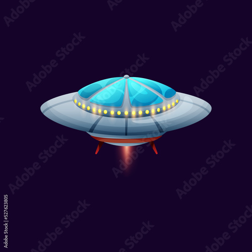 Sci fi spacecraft invader spaceship intergalactic flying extraterrestrial alien ship with dome abd glowing flame isolated. Vector unknown flying object cartoon craft animation game design element