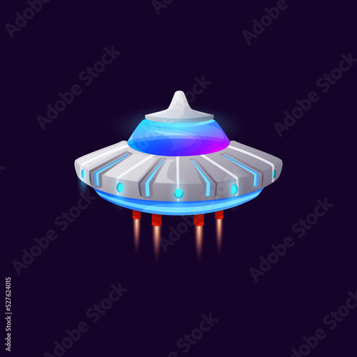 Unknown flying object invader spaceship animation game asset, sci fi saucer futuristic ufo isolated. Vector martian galaxy spacecraft, intergalactic flying alien spaceship with dome, toy craft