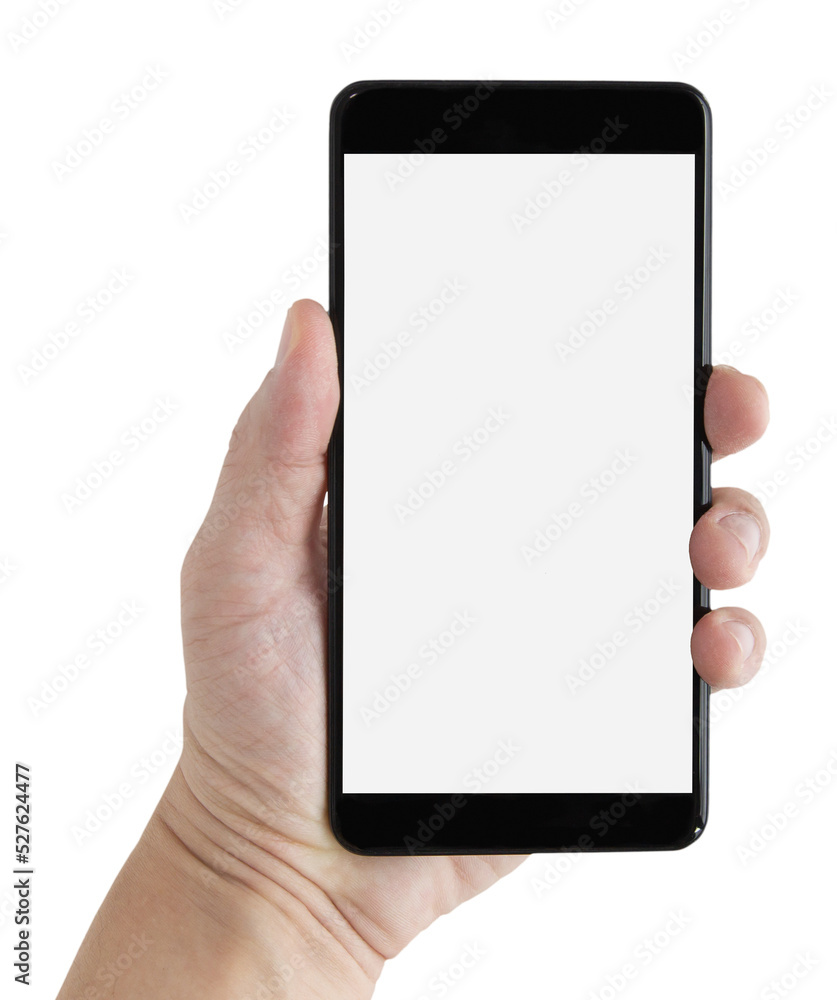 The left hand of a white man holding a black smartphone on a cutout background. The left hand of a white man holding a black smartphone on a cutout background.