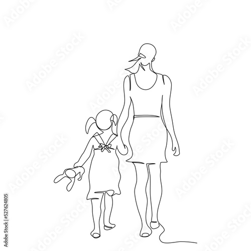 Back side of one young beautiful mother is holding her daughter hands are walking together in single line drawing style.Vector isolate flat continue line design  of Mother’s Day or Children’s day.