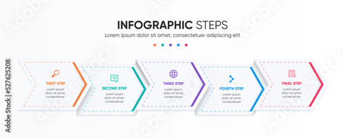 five steps arrows infographic with colorful elements. 5 steps with arrow template infographic design.