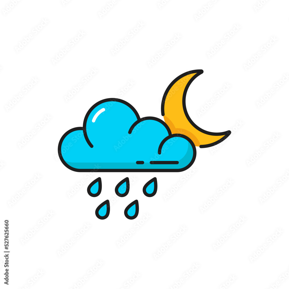 Rain weather forecast icon, night cloud, moon and heavy shower drops, vector color outline symbol. Night weather forecast of drizzle and rainy cloudy climate Rain weather forecast icon, night cloud, moon and heavy shower drops, vector color outline symbol. Night weather forecast of drizzle and rainy cloudy climate