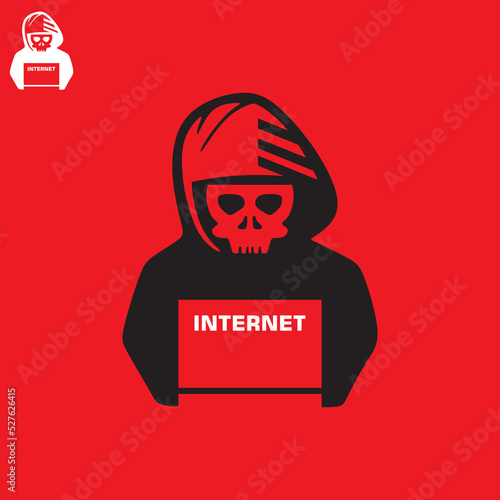 iternet virus logotype, silhouette of human with skull mask sitting vector illustrations