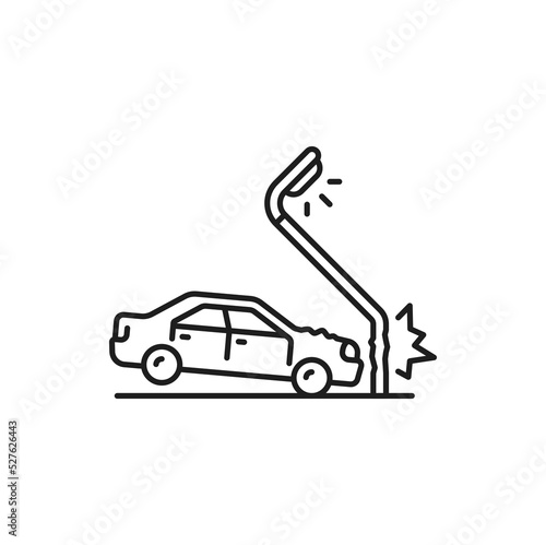 Car accident, damage or crash line icon. Vehicle insurance thin line sign with car crushing in lamppost. Automobile collision, failure simple vector symbol or car damage in disaster, accident icon