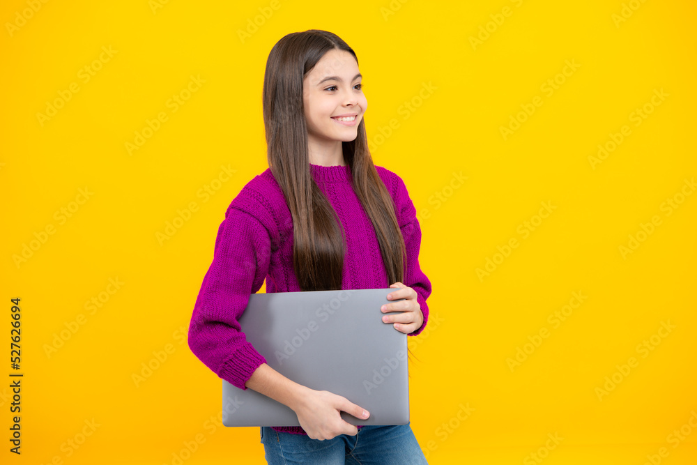 Student school girl with laptop on isolated studio background. Video online webinar, learn on laptop, elearning lesson, pc computer call. Student school girl with laptop on isolated studio background. Video online webinar, learn on laptop, elearning lesson, pc computer call.