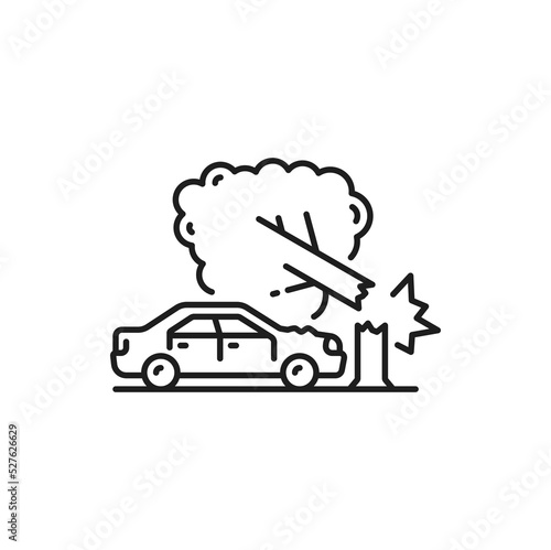 Car damage, crash or collision thin line icon. Car traffic violation simple vector icon, vehicle damage in disaster or accident sign. Automobile driving safety outline symbol with car crashing in tree