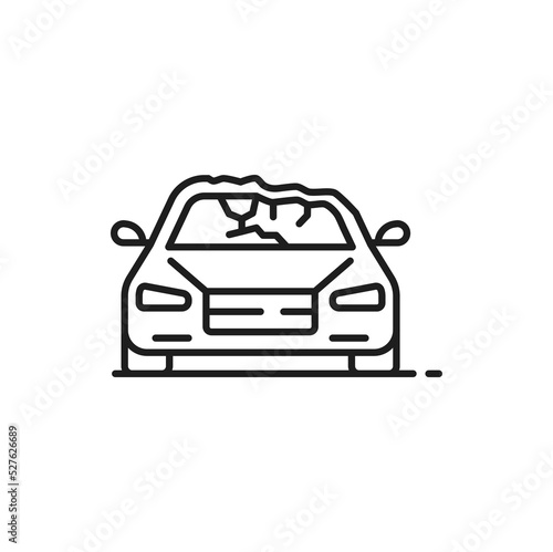 Car collision, road accident or crash line icon. Outline sign of car with damaged roof after overturning. Vehicle insurance, collision thin line vector icon or automobile damage in disaster pictogram