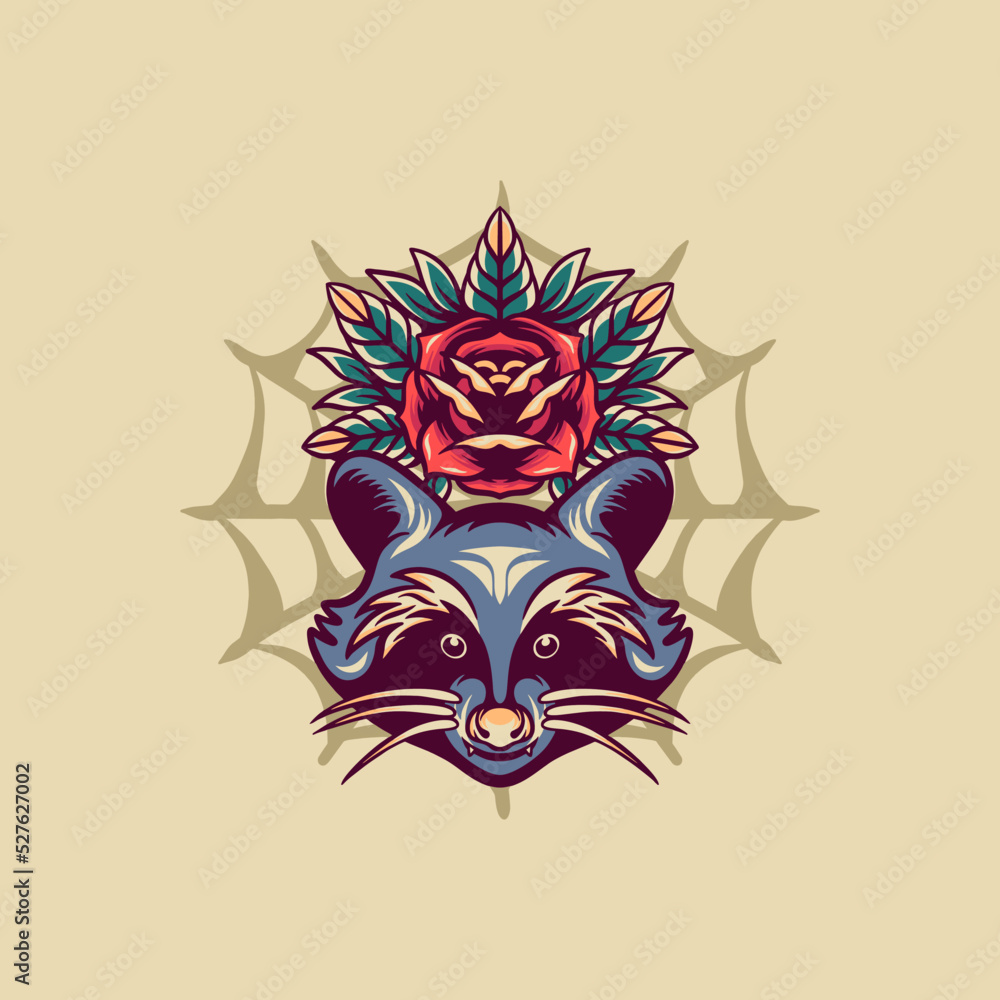 Raccoon And Rose Retro Illustration Raccoon And Rose Retro Illustration
