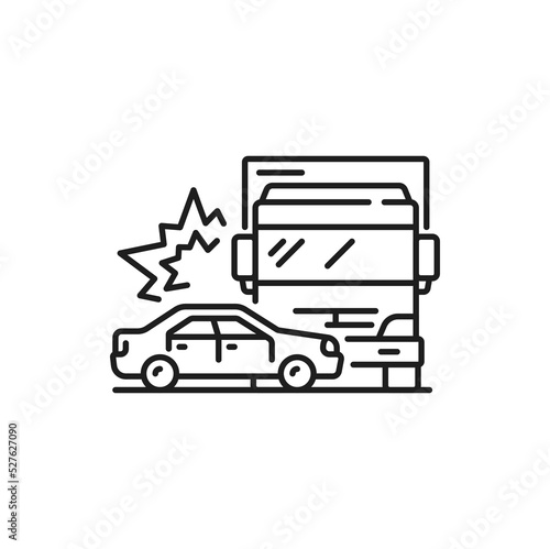 Car crash, damage or accident line icon. Automobile driving safety and insurance thin line symbol. Car collision, traffic violation outline vector pictogram with truck crushing in passenger car