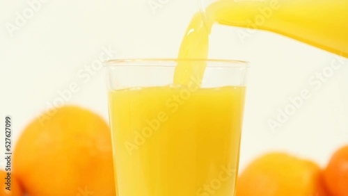This refreshing stock photo showcases juicy oranges and freshly squeezed juice on a clean white background, perfect for health, wellness, and food-related content.