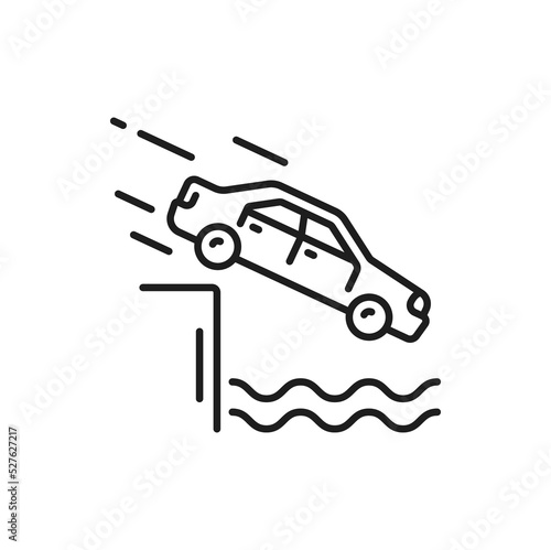 Car crash, accident or damage line icon. Automobile driving safety thin line symbol, car road crash or accident simple vector pictogram, traffic violation or collision sign with car falling in water
