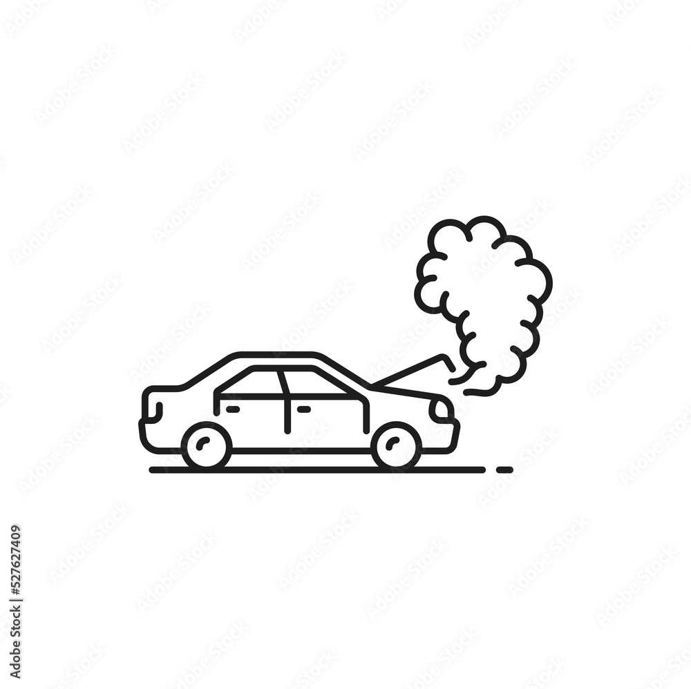 Car damage, collision or crash line icon. Traffic violation simple vector symbol, vehicle driving safety or car damage in road crash, collision outline icon with smoke comes from under hood of car Car damage, collision or crash line icon. Traffic violation simple vector symbol, vehicle driving safety or car damage in road crash, collision outline icon with smoke comes from under hood of car