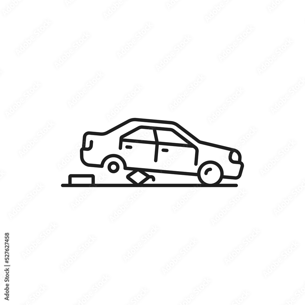 Car damage, collision or accident line icon. Automobile breakage or breakdown symbol, road crash thin line vector sign. Vehicle service and wheel disk repair simple icon with car on jack