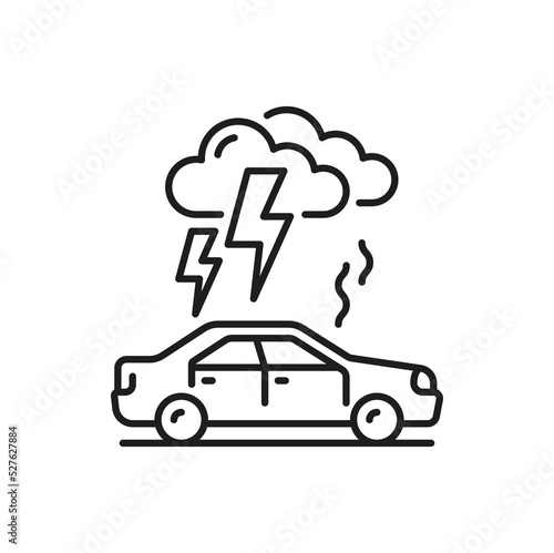 Car damage in natural disaster insurance cover line icon. Car damage by weather event pictogram. Automobile failure, accident thin line vector icon with lightning bolt hitting car during thunderstorm
