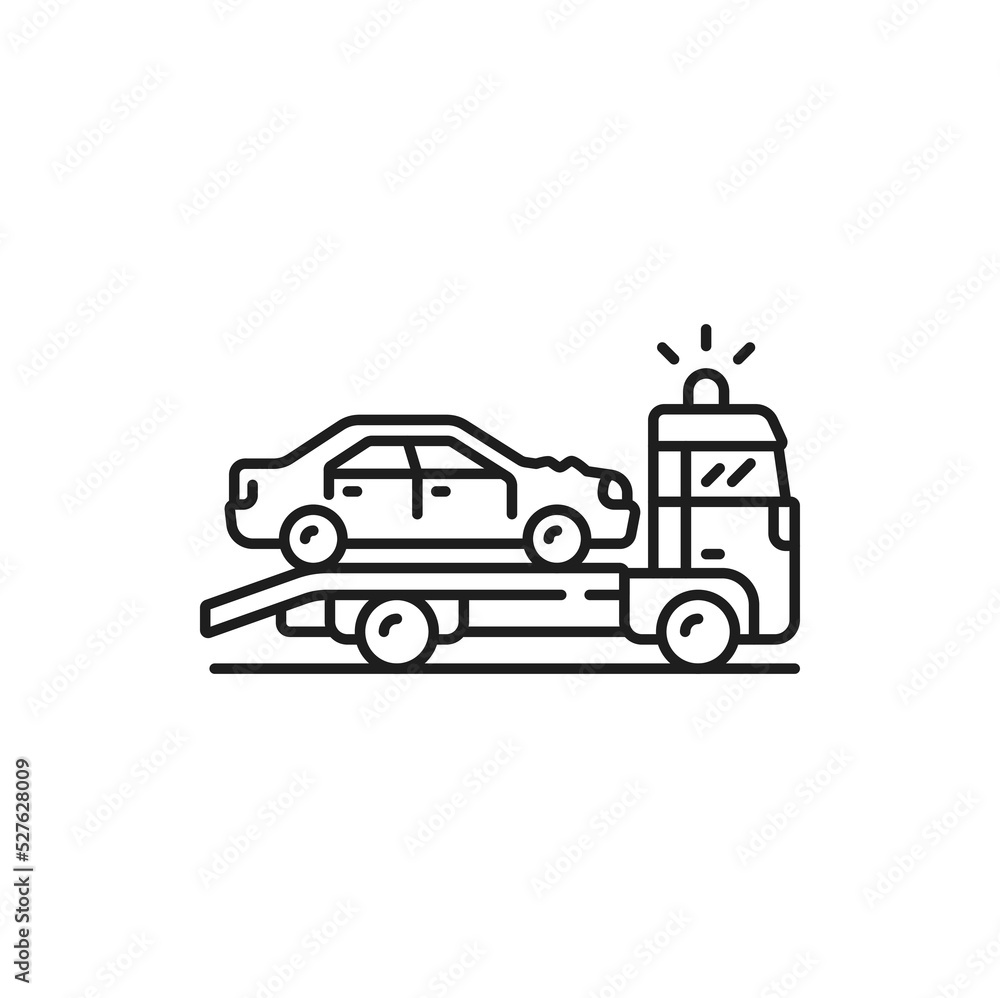 Car collision, crash or accident thin line icon. Car damage in accident or road crash outline symbol or sign. Vehicle failure simple pictogram or line icon with car towed on lorry after road accident Car collision, crash or accident thin line icon. Car damage in accident or road crash outline symbol or sign. Vehicle failure simple pictogram or line icon with car towed on lorry after road accident