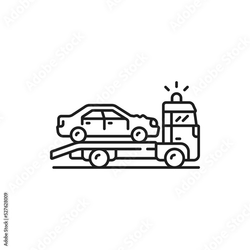 Car collision, crash or accident thin line icon. Car damage in accident or road crash outline symbol or sign. Vehicle failure simple pictogram or line icon with car towed on lorry after road accident