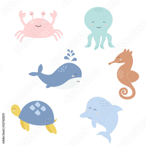 Sea animals in boho style. Vector illustration