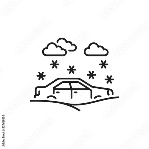 Car damage in ice storm or natural disaster thin line icon. Car damage by weather event insurance cover line sign. Vehicle failure or collision outline vector icon with car stuck in snow at snowfall