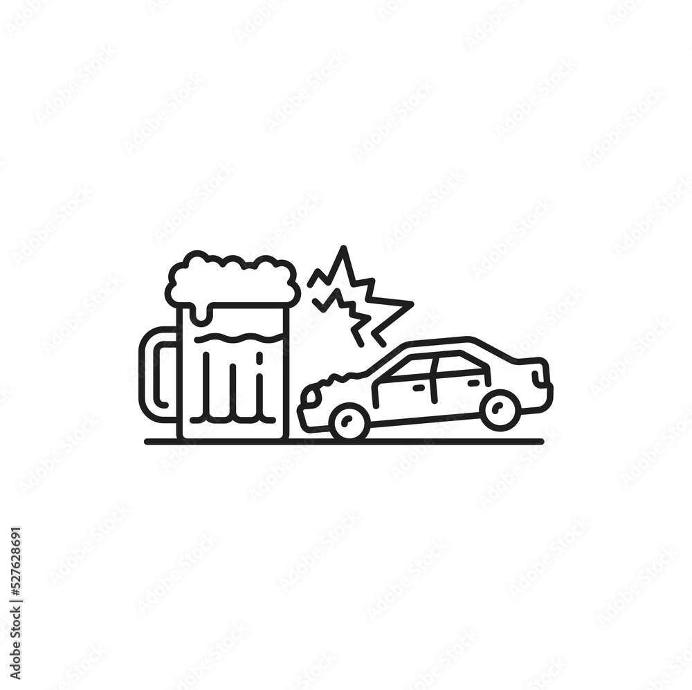 Drunk diver collision or crash thin line icon. Traffic violation, road collision outline vector pictogram with car hitting glass of beer. Automobile damage in accident sign or vehicle insurance icon