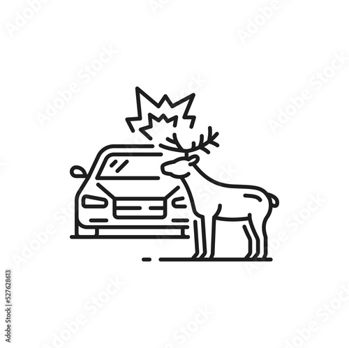 Car accident, collision or crash on road thin line icon. Automobile damage in road crash, car driving safety outline sign. Traffic violation thin line vector pictogram with car hitting deer animal