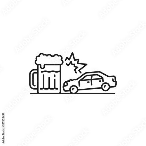 Drunk diver collision or crash thin line icon. Traffic violation, road collision outline vector pictogram with car hitting glass of beer. Automobile damage in accident sign or vehicle insurance icon