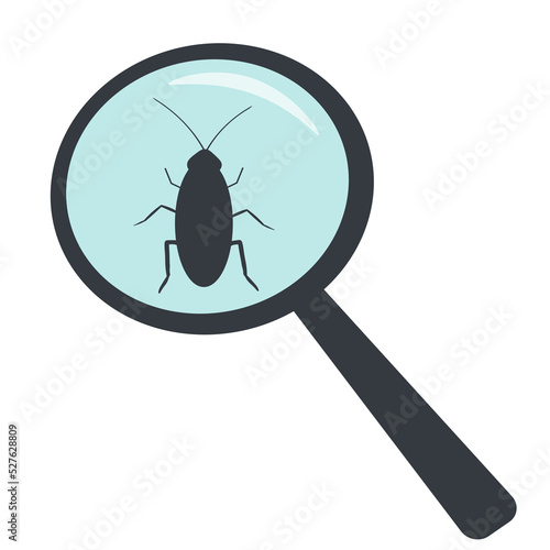 Cockroach isolated with a magnifying glass on a white background. Vector illustration