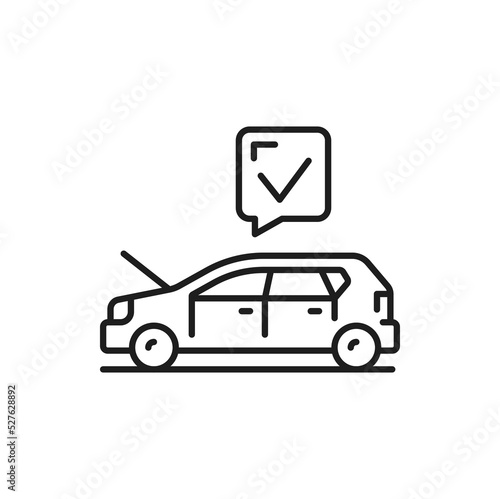Car with check mark linear icon. Total automobile check isolated outline linear sign. Vehicle approved or allright, checklist in workshop done